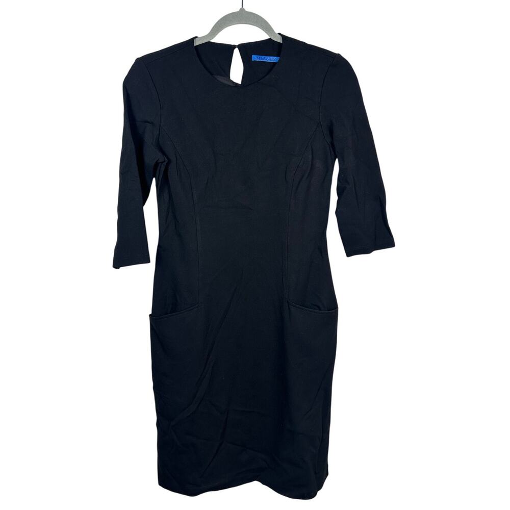 J. McLaughlin Ponte Sheath Dress Women XS Black‎ EUC Pocket Career 3/4 Sleeve
